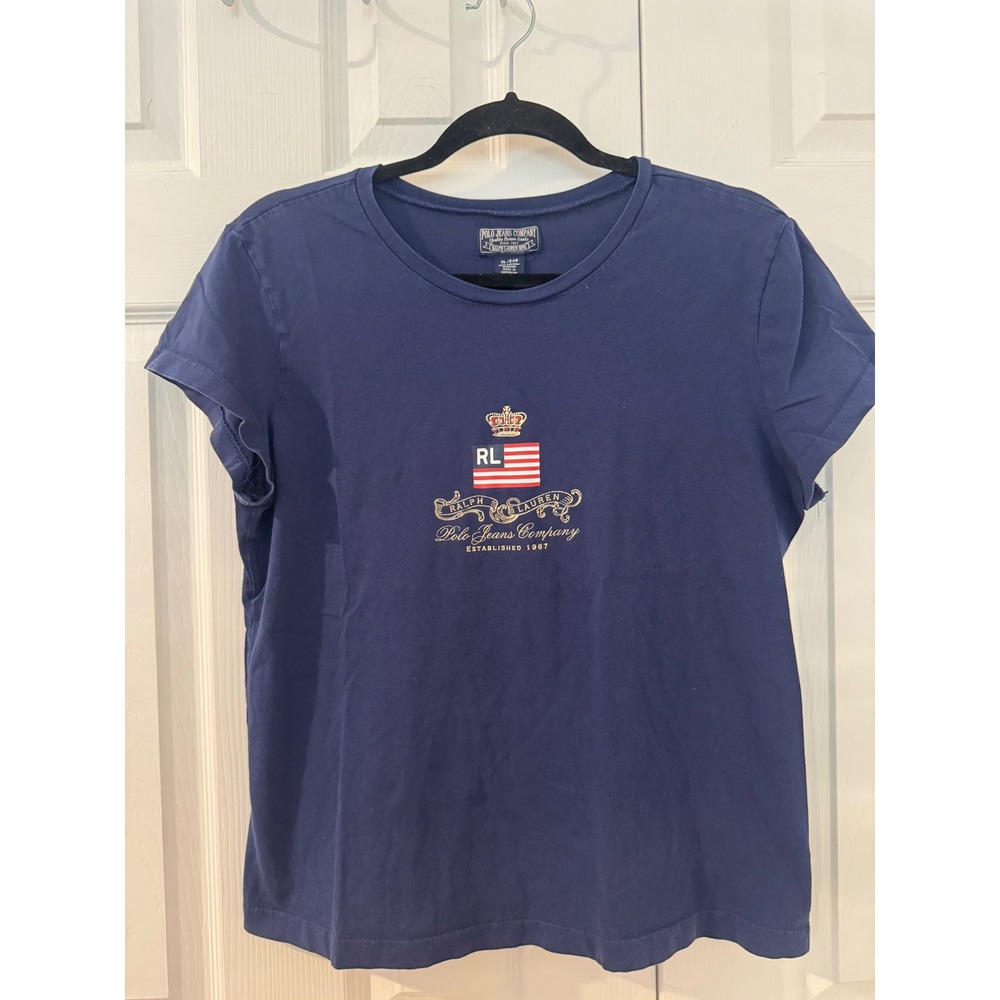 Vintage Polo Jeans Co Ralph Lauren Navy Blue Graphic T-Shirt XL. 100% Cotton.